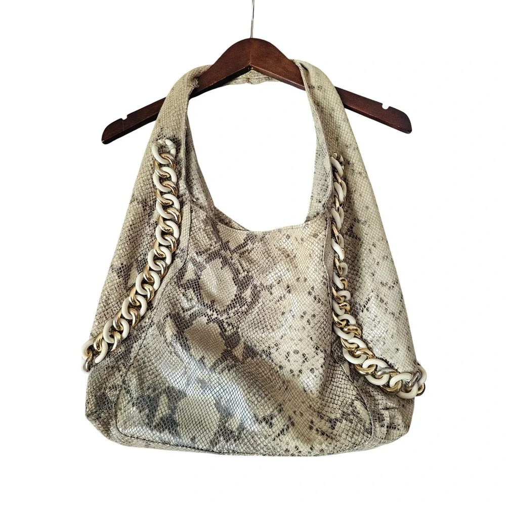 Michael Kors Snakeskin Embossed Leather Hobo Bag Gold Chain Link Beige Brown